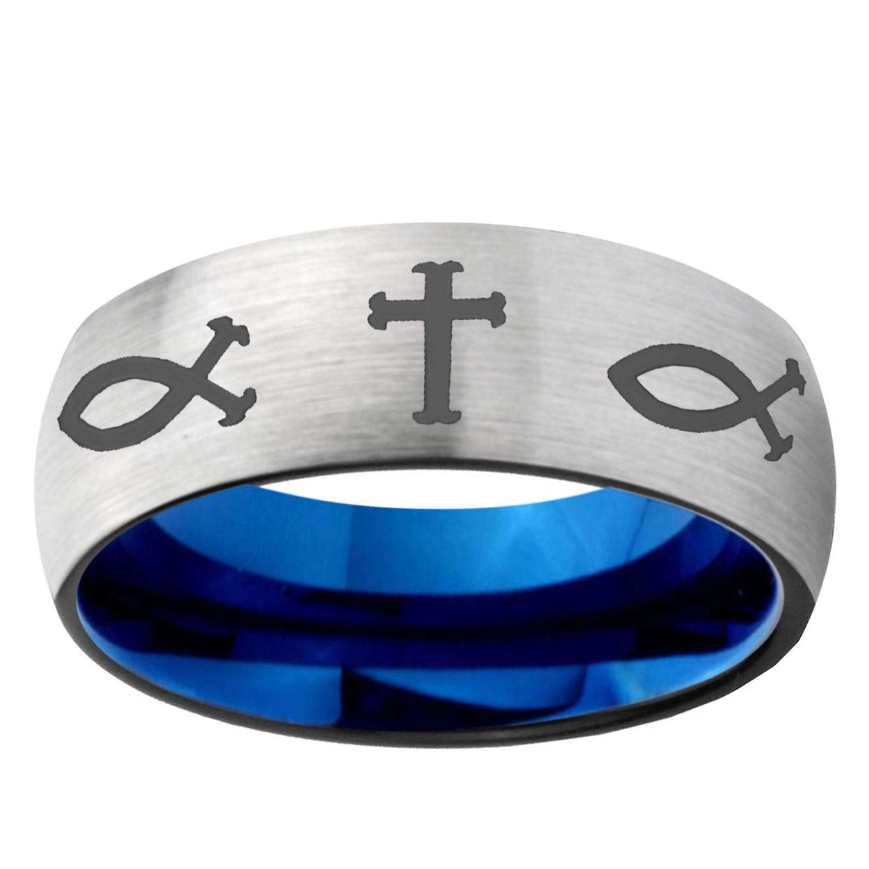 6MM Fish & Cross Dome Gray And Blue Tungsten Carbide Men's Ring