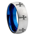8MM Multiple Christian Cross Dome Blue Gray Tungsten Mens Ring