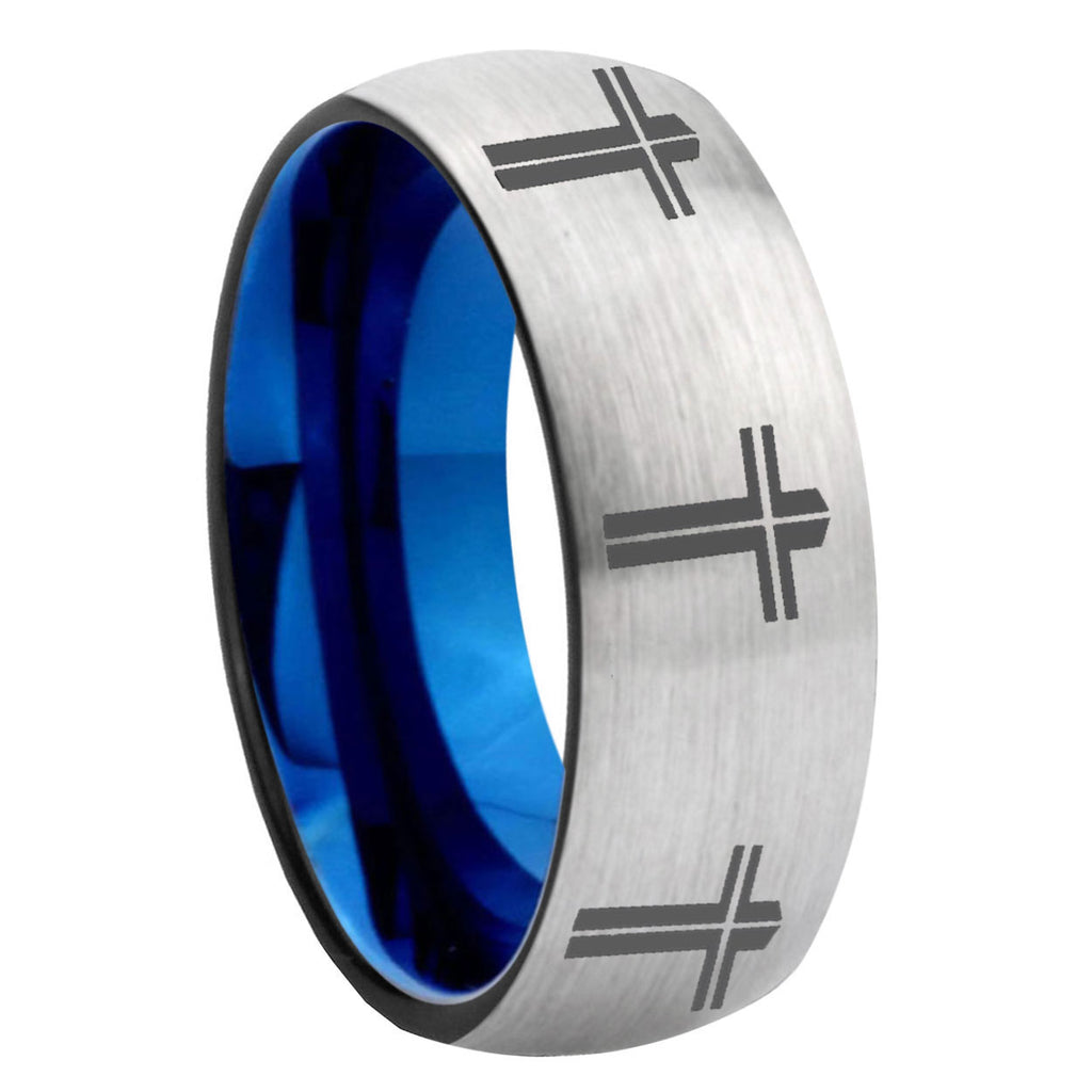 8MM Multiple Christian Cross Dome Blue Gray Tungsten Ring Men