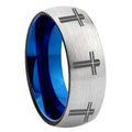 8MM Multiple Christian Cross Dome Blue Gray Tungsten Ring Men