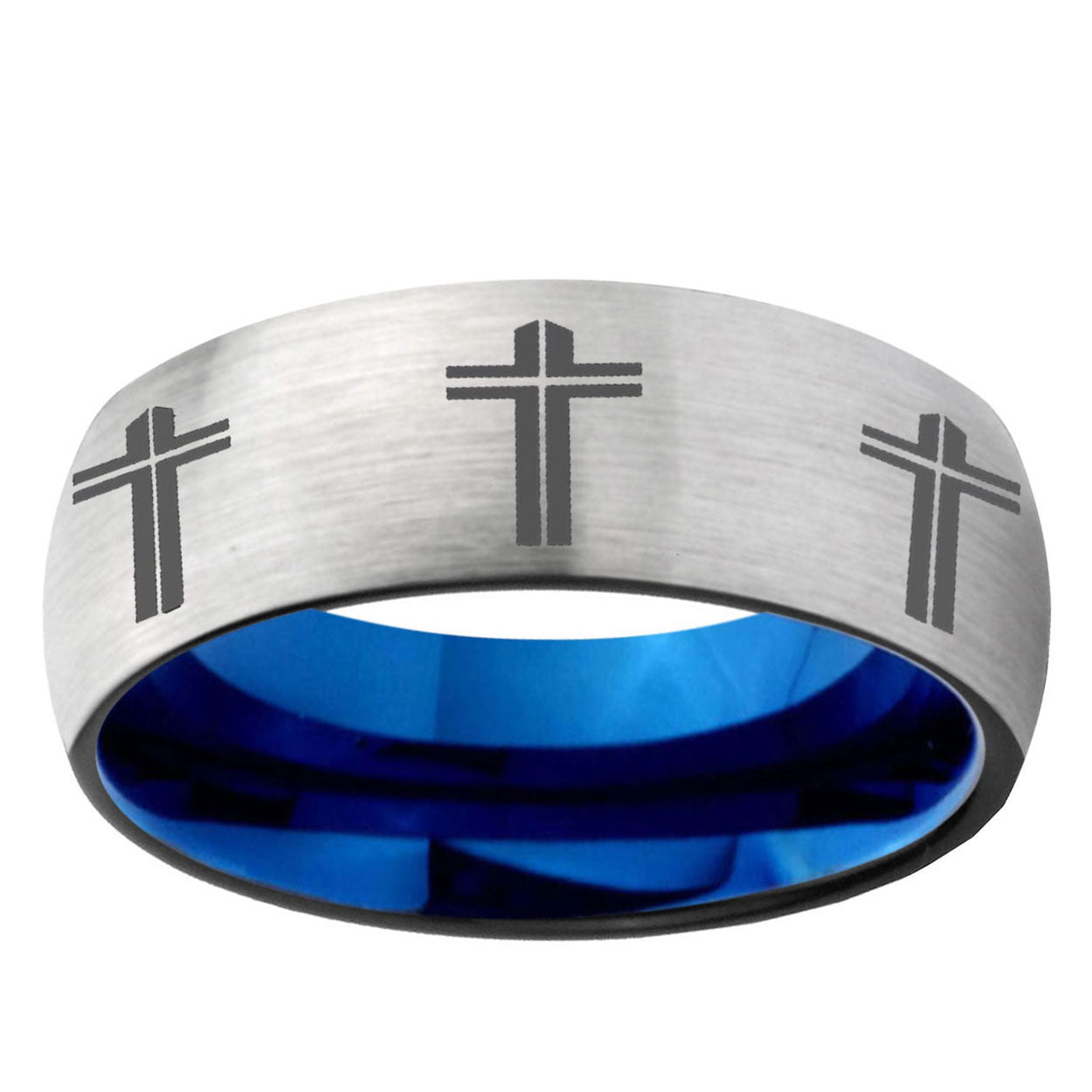 6MM Multiple Christian Cross Dome Gray And Blue Tungsten Carbide Engagement Band