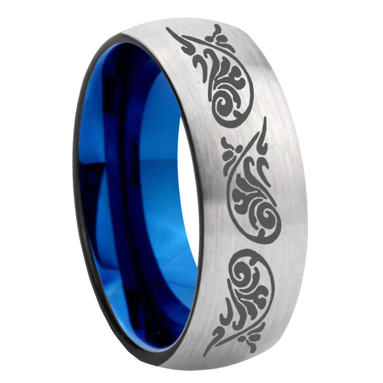 8MM Etched Tribal Pattern Dome Blue Gray Tungsten Promise Ring