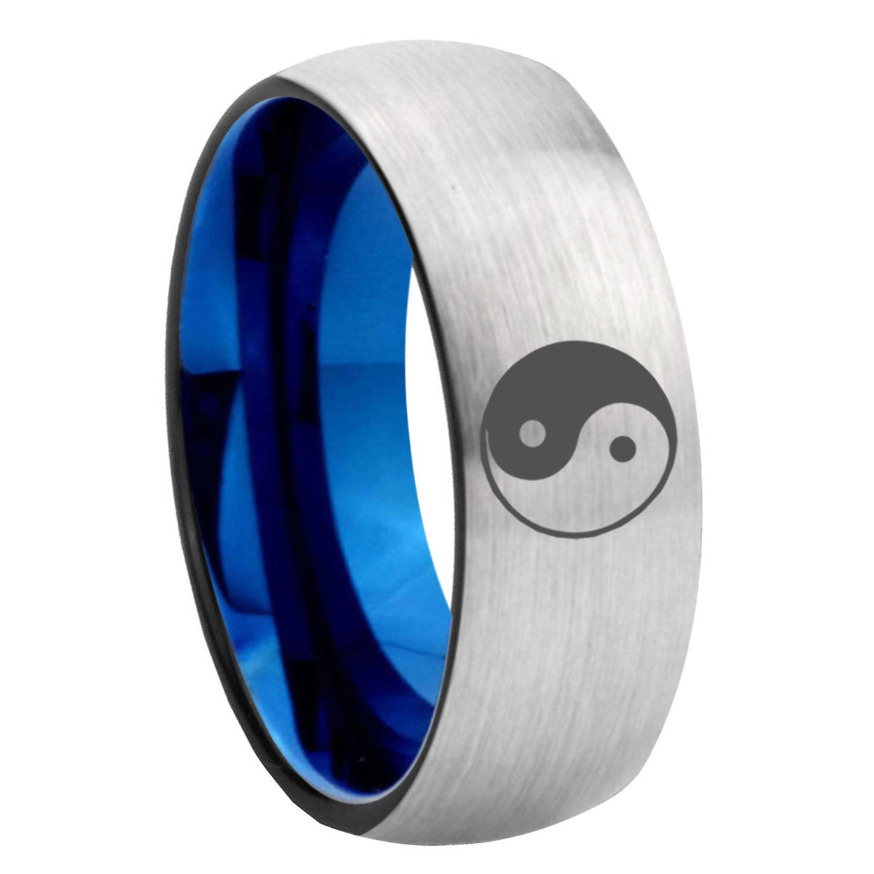 8MM Yin Yang Dome Blue Gray Tungsten Man Wedding Band