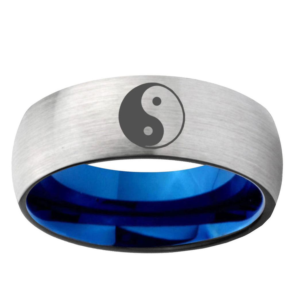 6, 8mm Yin Yang Dome Tungsten Carbide Silver Blue Wedding Band Mens