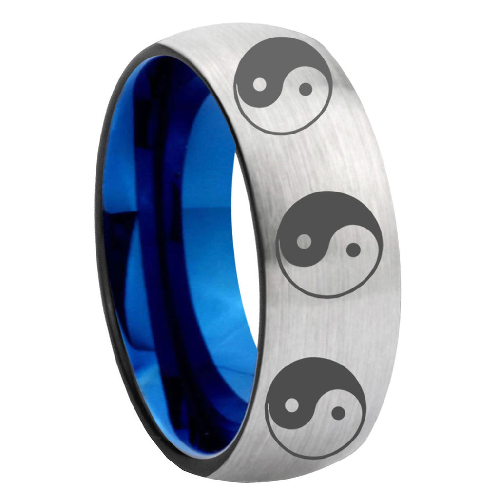 8MM Multiple Yin Yang Dome Blue Gray Tungsten Ring Men