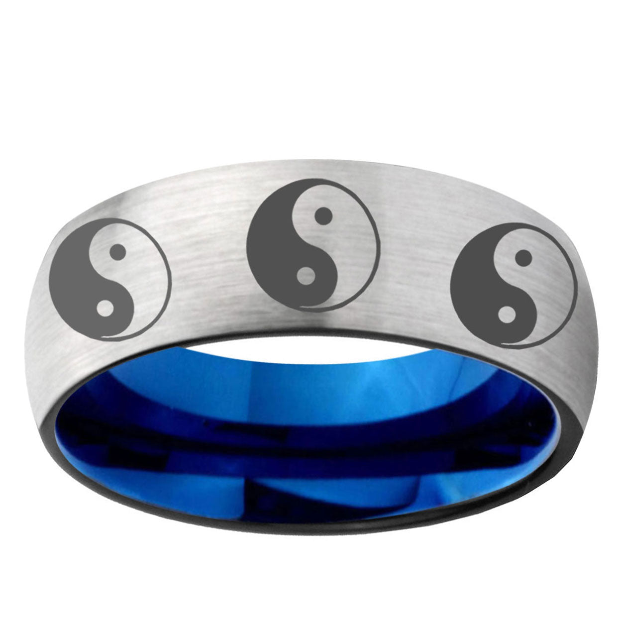 6MM Multiple Yin Yang Dome Gray And Blue Tungsten Carbide Men's Wedding Ring