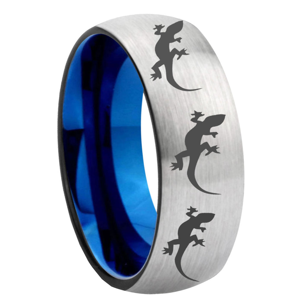 8MM Multiple Lizard Dome Blue Gray Tungsten Mens Ring