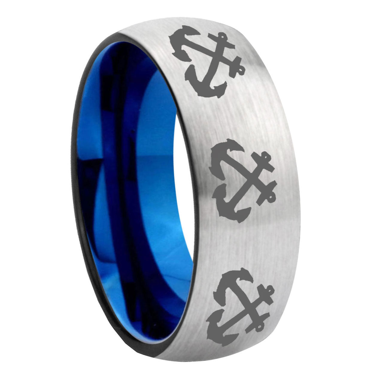 8MM Multiple Anchor Dome Blue Gray Tungsten Ring Men