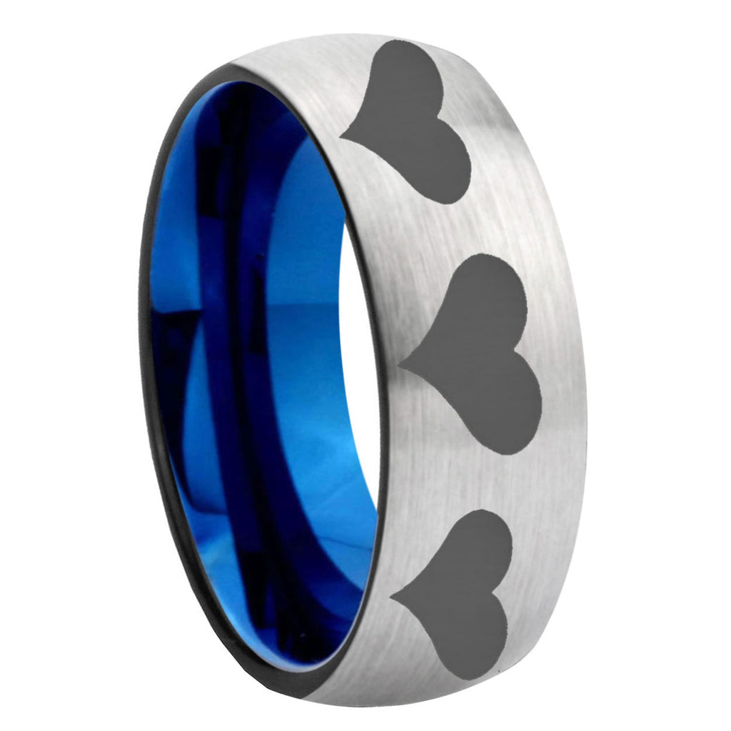 8MM Multiple Heart Dome Blue Gray Tungsten Mens Ring