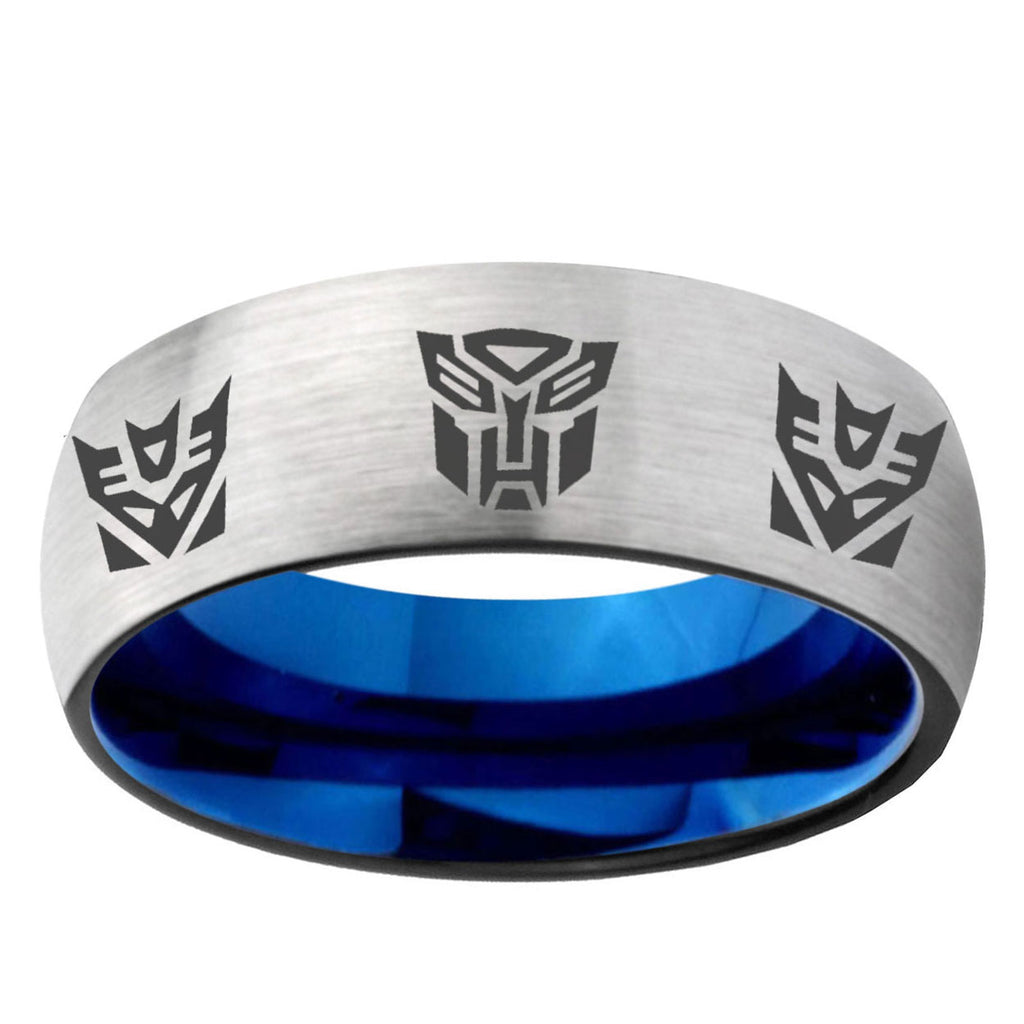 6MM Transformers Autobot Decepticon Dome Gray And Blue Tungsten Carbide Men's Wedding Band