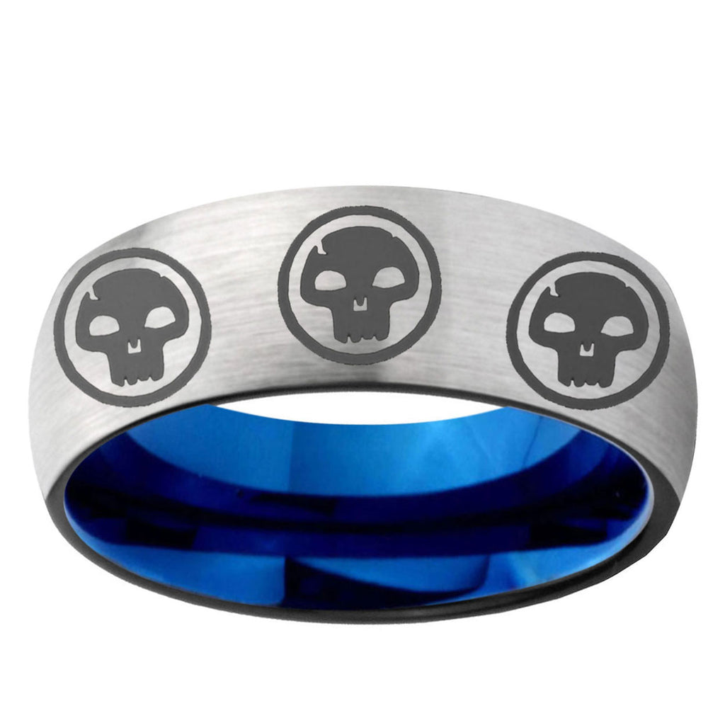 6MM Multiple Skull Dome Gray And Blue Tungsten Carbide Engagement Ring
