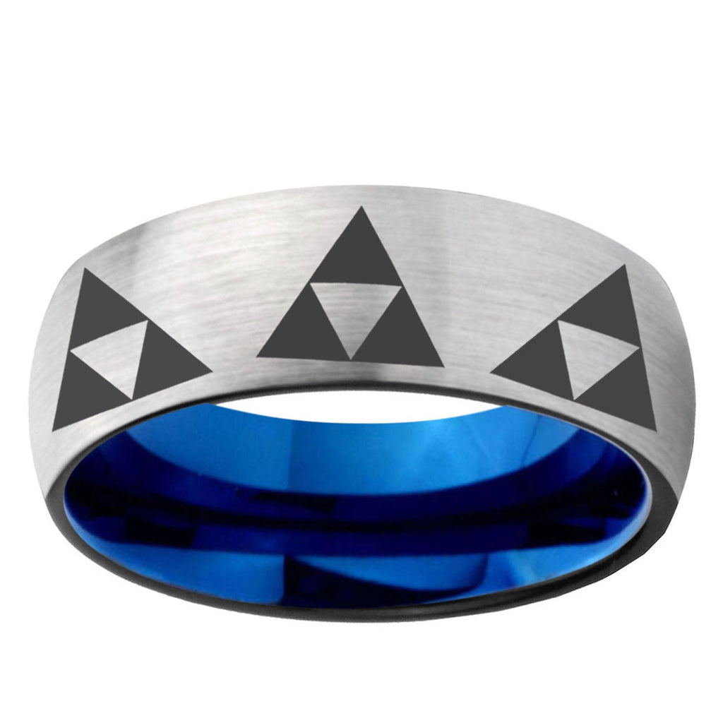 6MM Multiple Zelda Triforce Dome Gray And Blue Tungsten Carbide Engraved Ring