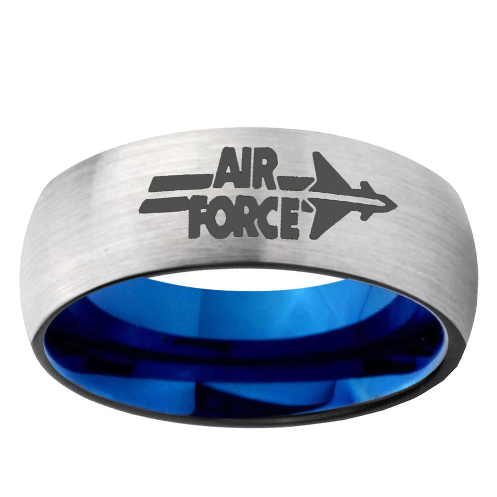 6MM Classic Dome Air Force Shiny Gray And Blue Tungsten Laser Engraved Ring