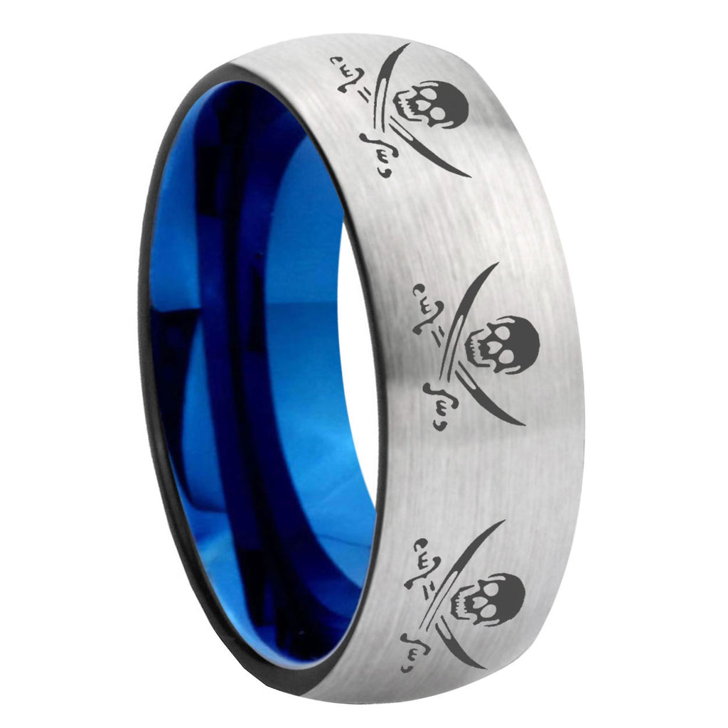 8MM Multiple Skull Pirate Dome Blue Gray Tungsten Ring