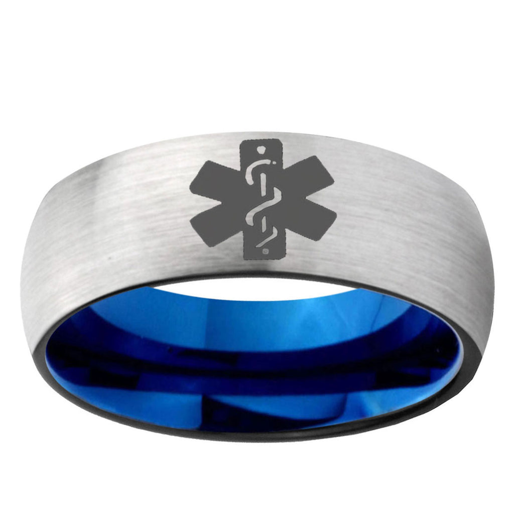 6, 8mm Medical Alert Dome Tungsten Carbide Silver Blue Wedding Band Mens