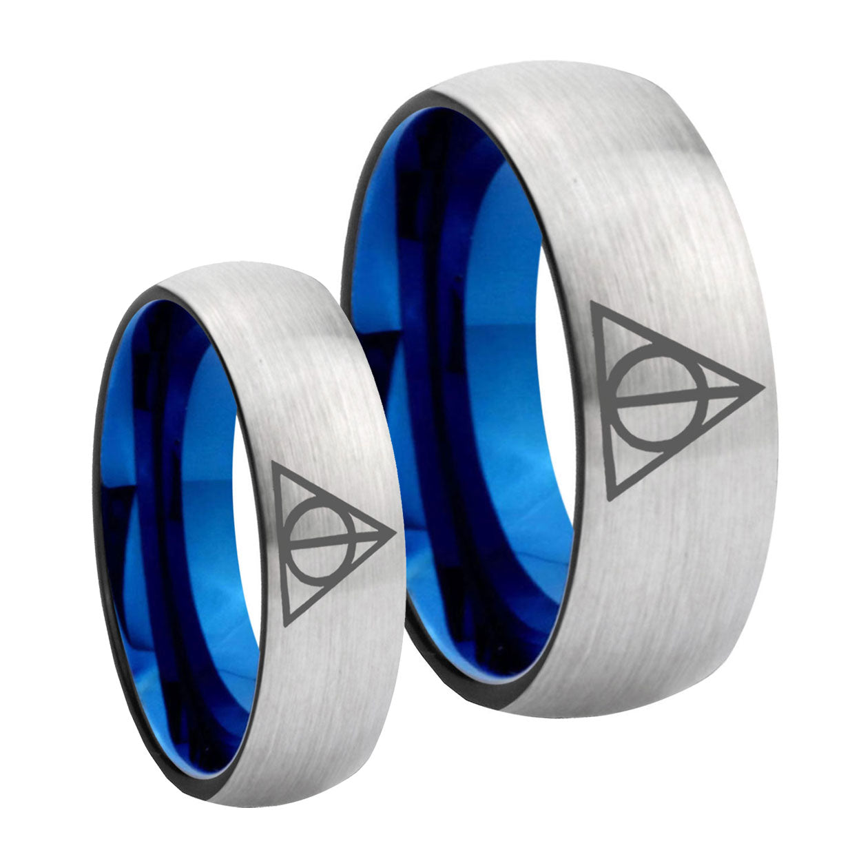 Deathly Hallows Dome Gray Blue Tungsten Bridal Set Rings