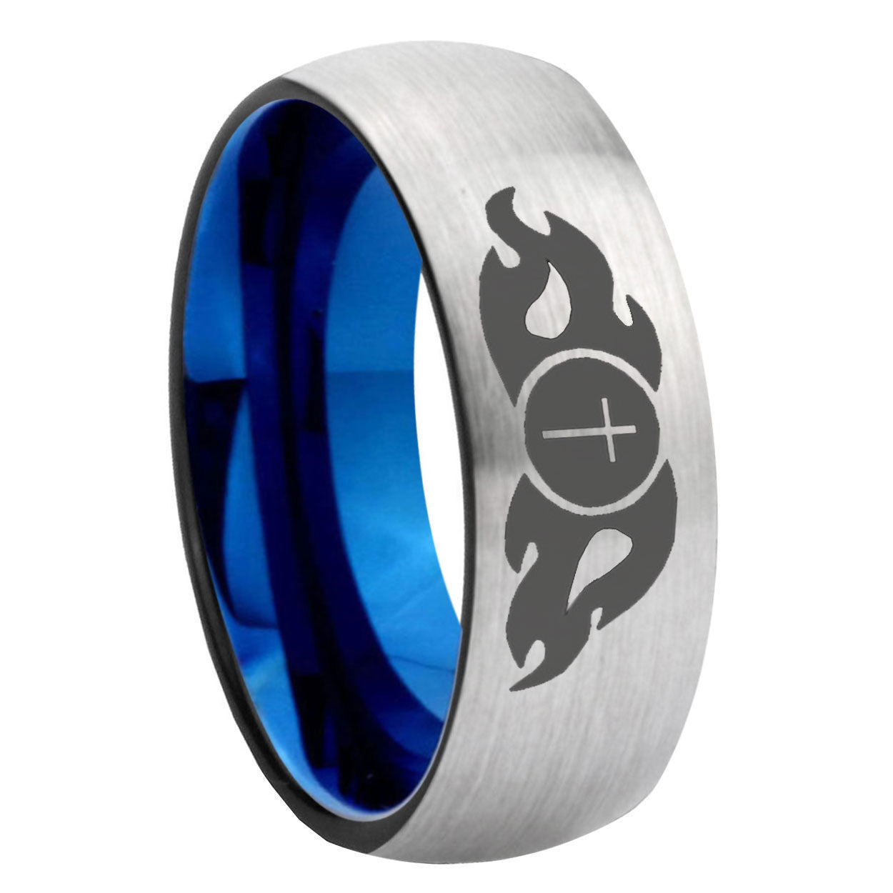 8MM Flamed Cross Dome Blue Gray Tungsten Ring Men
