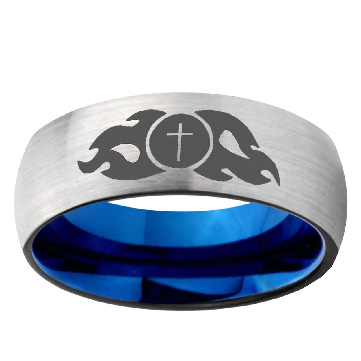 6MM Flamed Cross Dome Gray And Blue Tungsten Carbide Wedding Band Ring