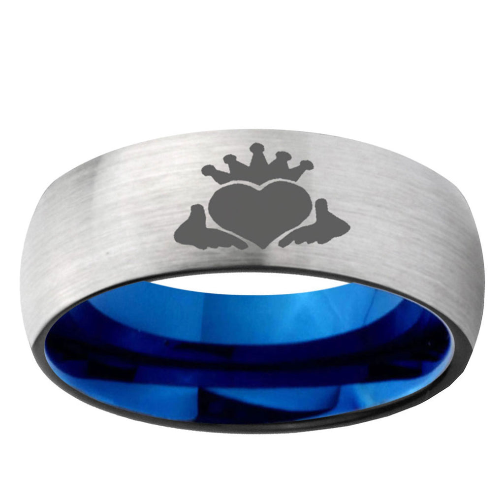 6MM Claddagh Design Dome Gray And Blue Tungsten Carbide Mens Bands Ring