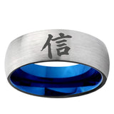 6mm Kanji Faith Dome Gray And Blue Tungsten Carbide Engagement Ring