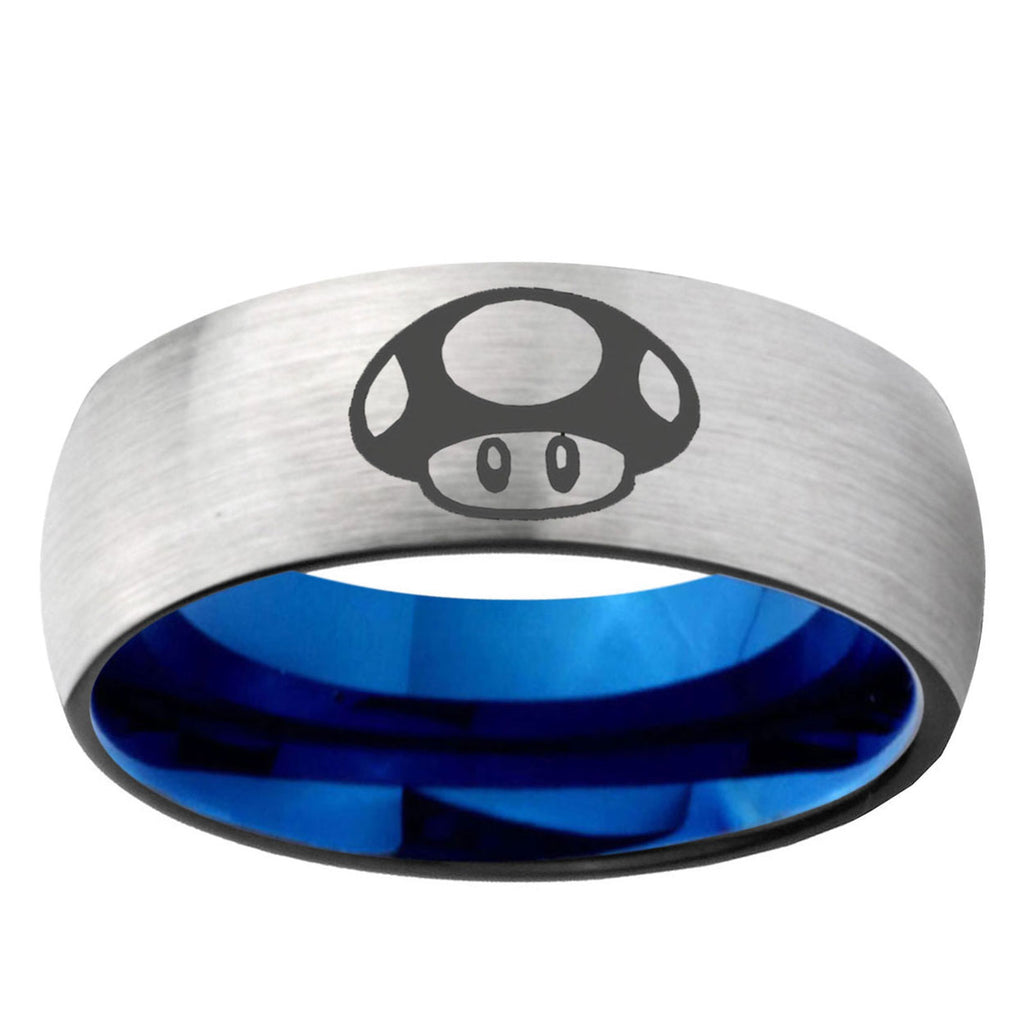 6MM Mario Mushroom Dome Gray And Blue Tungsten Carbide Wedding Band Ring