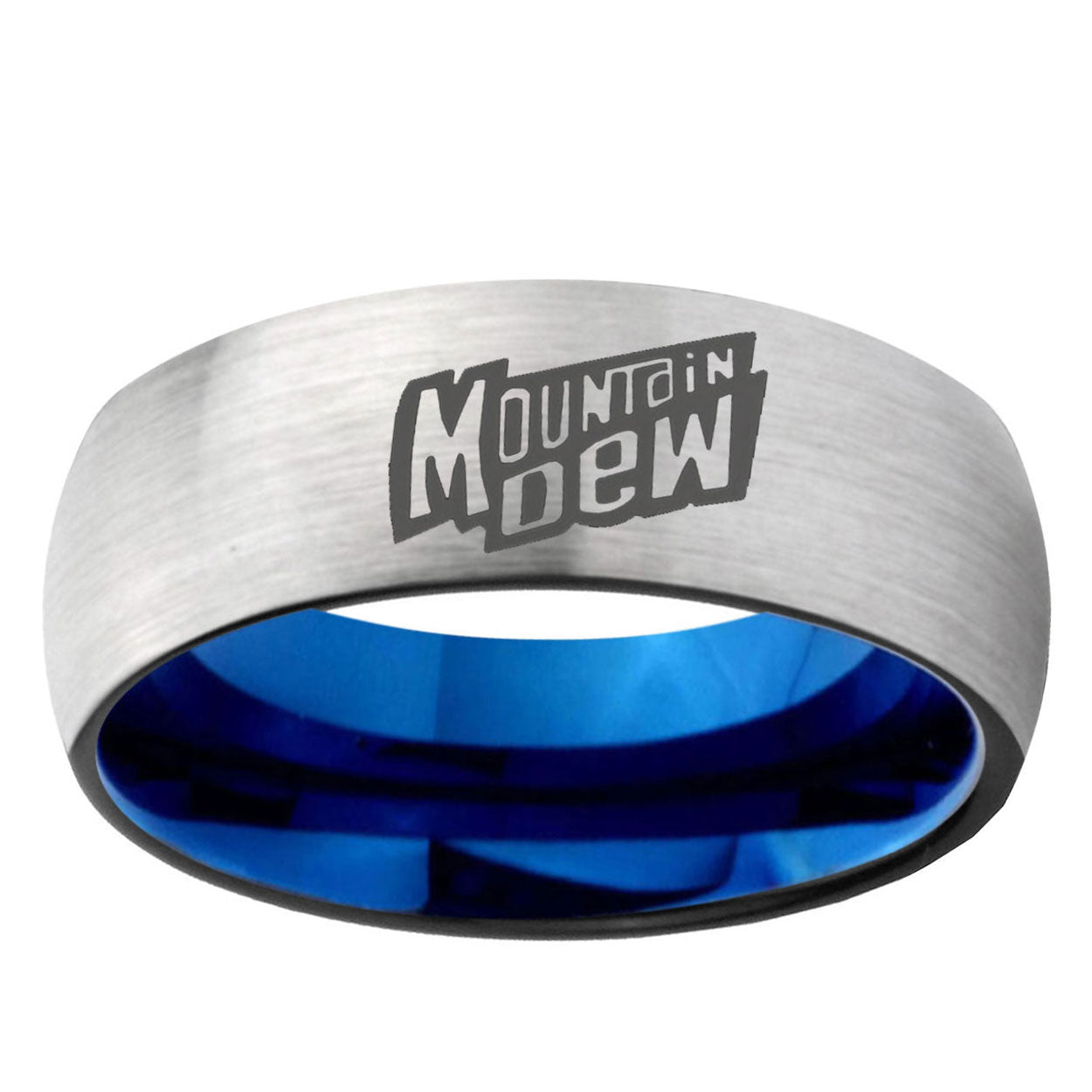 6MM Mountain Dew Dome Gray And Blue Tungsten Carbide Engraved Ring
