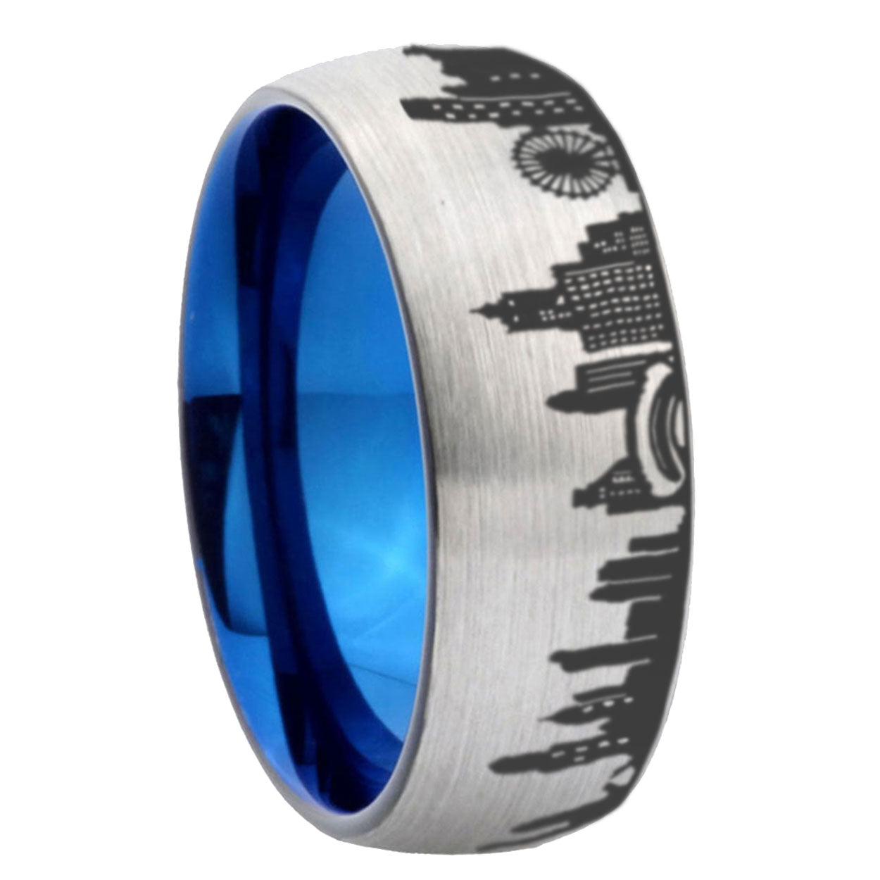 Chicago City Dome Brushed Gray Tungsten Blue Plated Ring