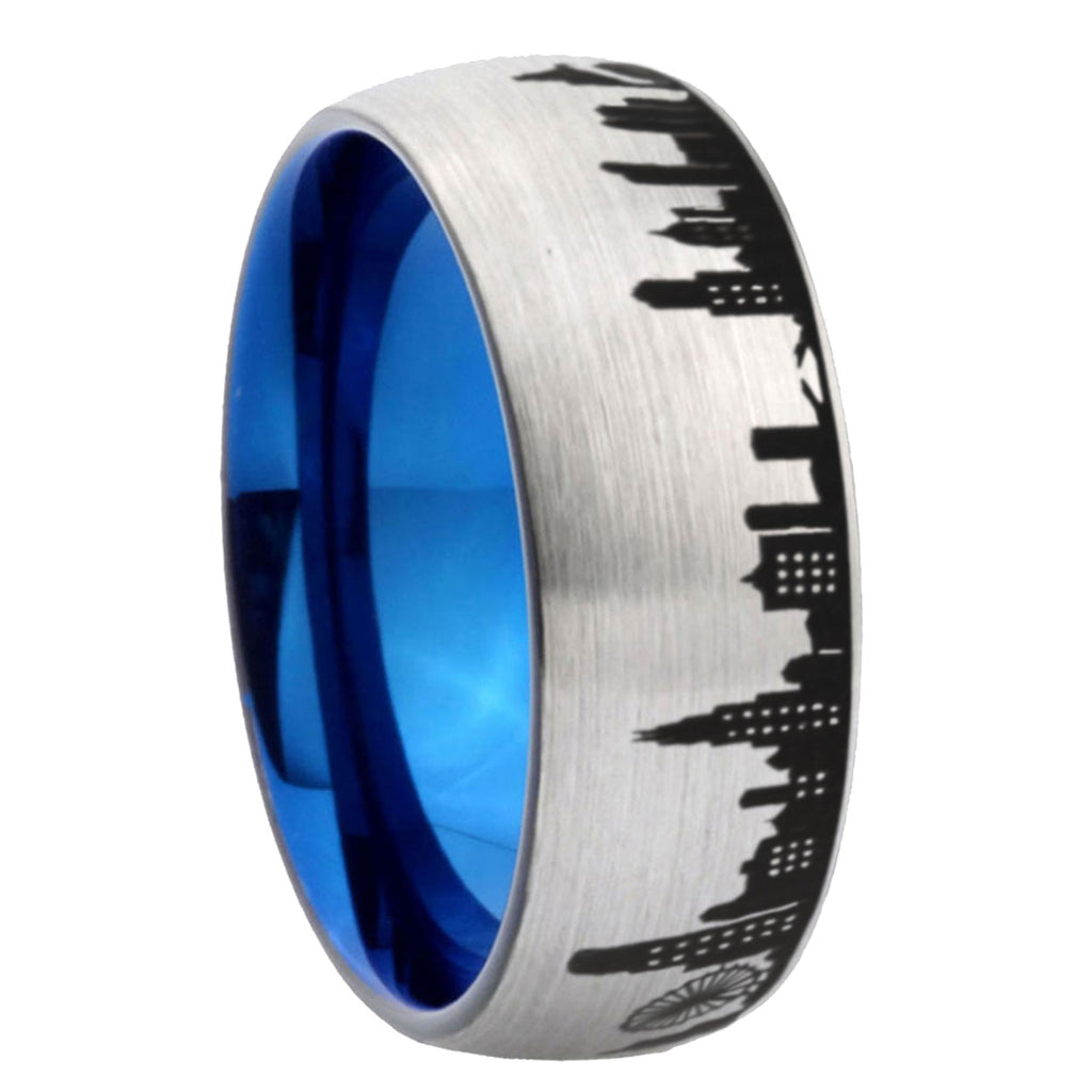 8MM Chicago City Dome Brushed Gray Tungsten Blue Plated Ring