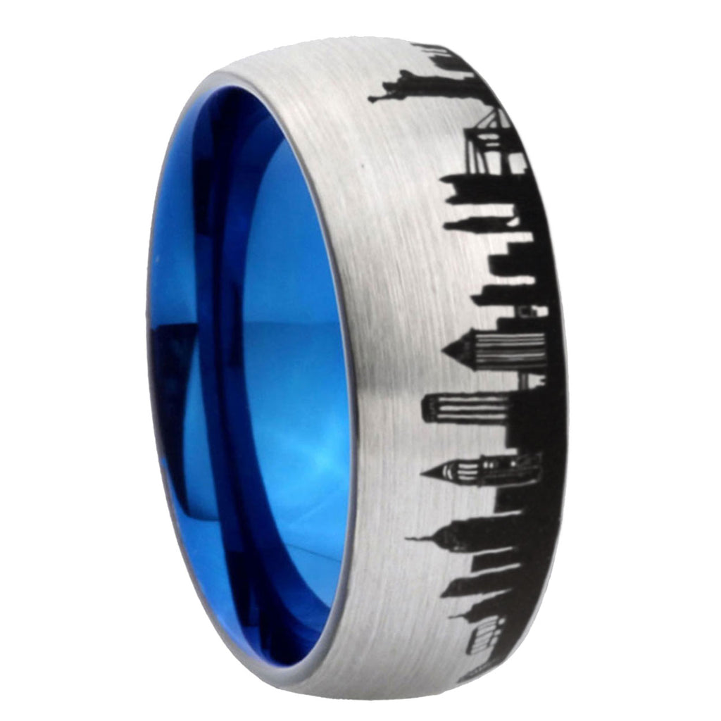 NY New York City Dome Brushed Gray Tungsten Blue Plated Ring