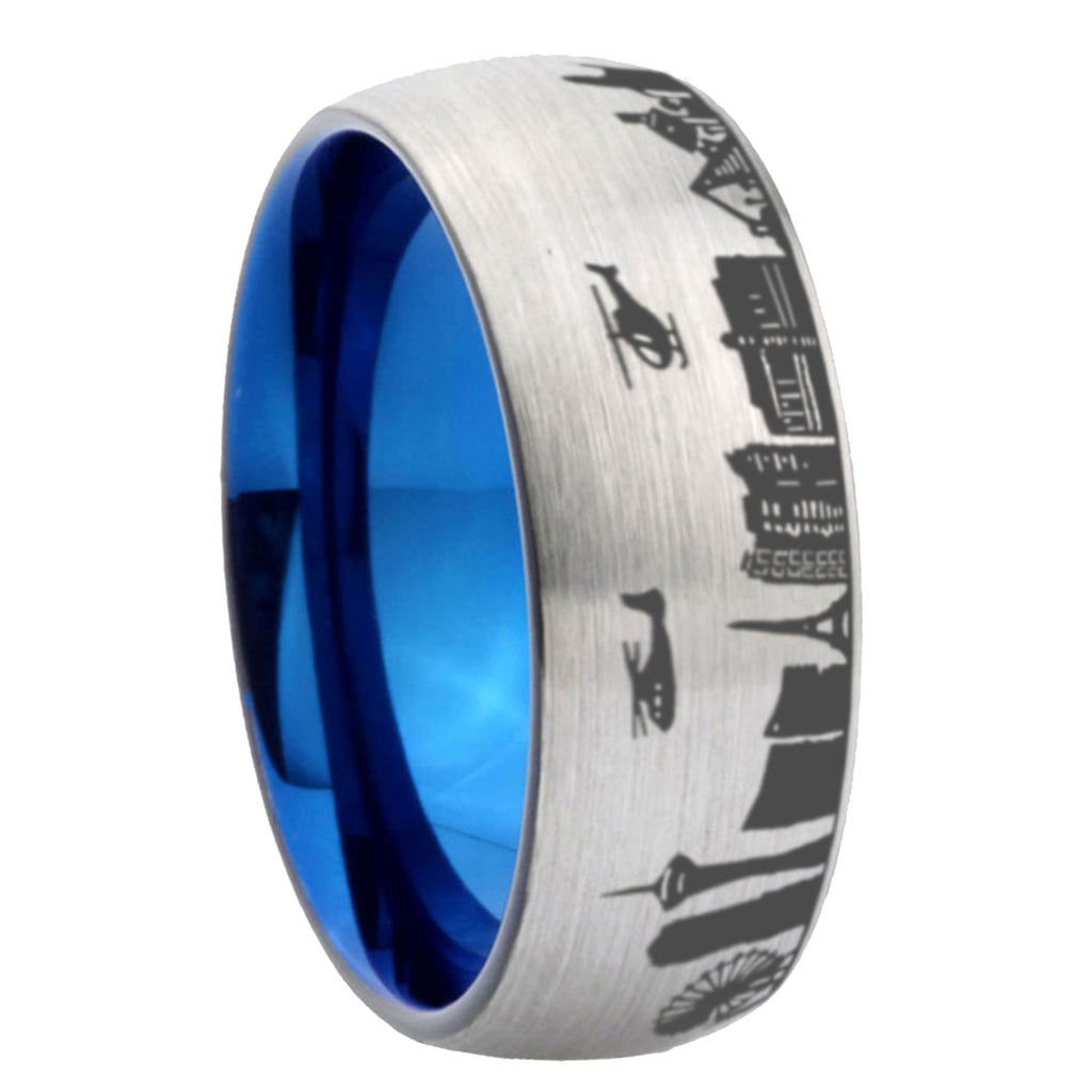 8MM LA Las Vegas City Dome Brushed Gray Tungsten Blue Plated Ring