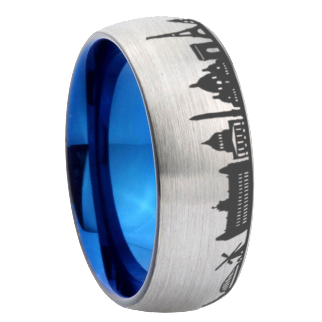 8MM France Paris City Dome Brushed Gray Tungsten Blue Plated Ring