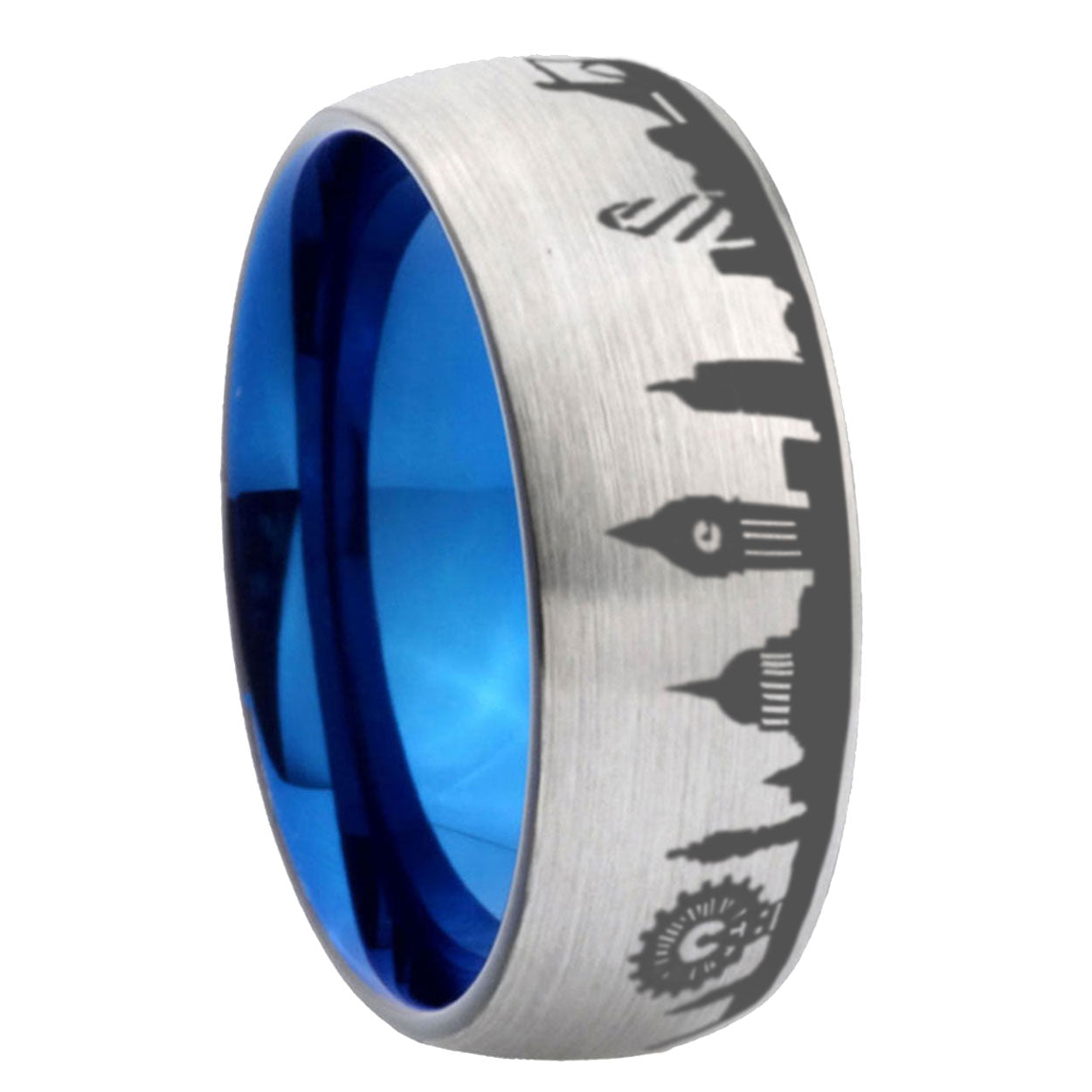 UK London City Dome Brushed Gray Tungsten Blue Plated Ring