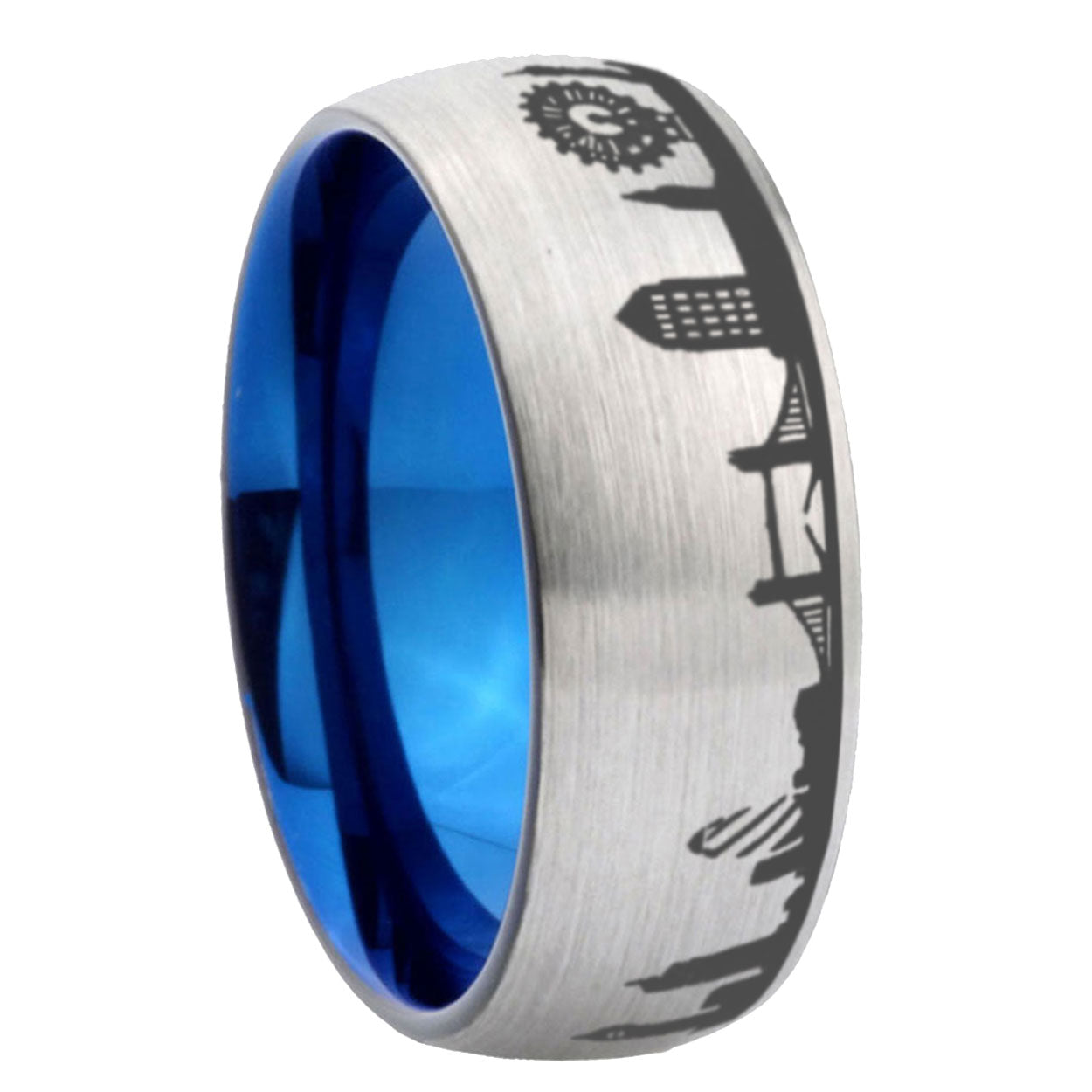 8MM UK London City Dome Brushed Gray Tungsten Blue Plated Ring
