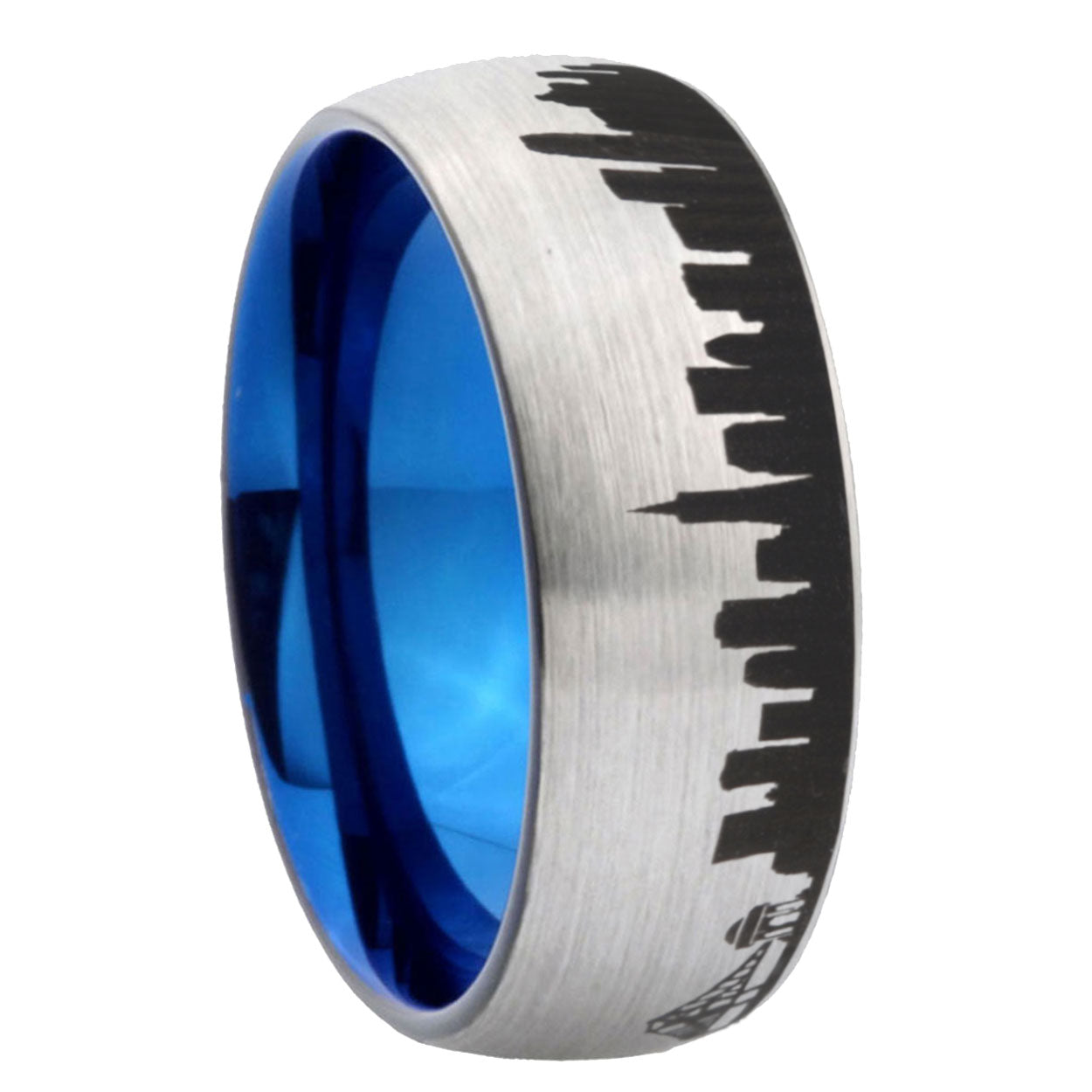 8MM CA San Francisco City Dome Gray Tungsten Blue Plated Ring