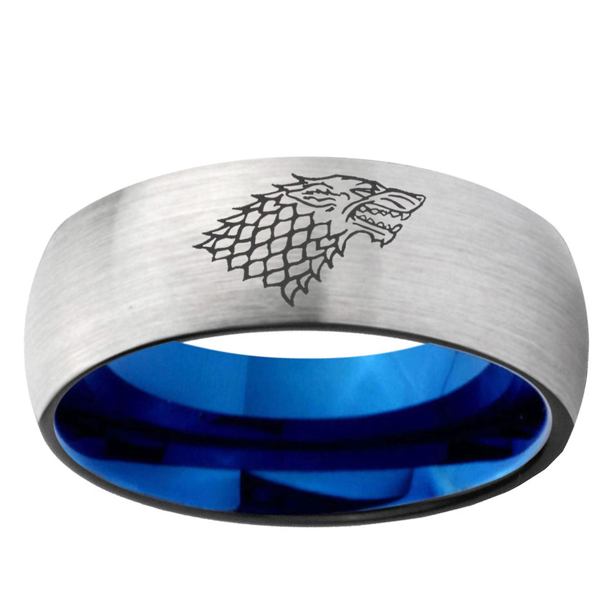 6MM Game Of Thrones House Stark Direwolf Dome Gray And Blue Tungsten Carbide Men's Ring