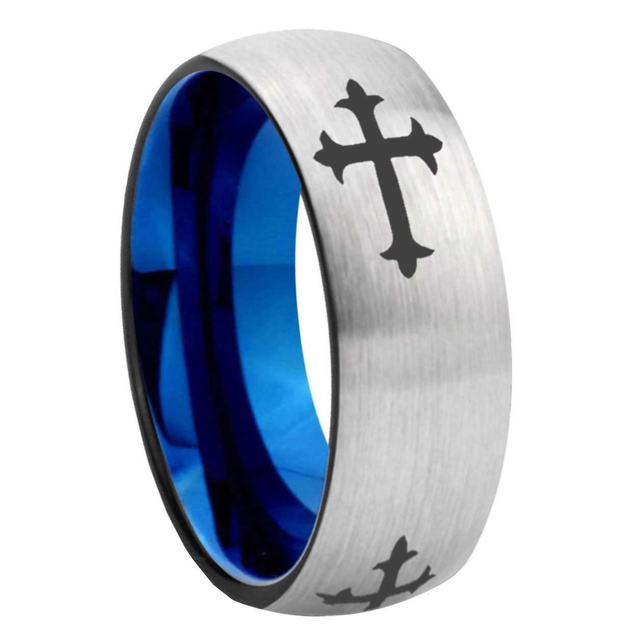 8MM Christian Cross Religious Dome Blue Gray Tungsten Mens Ring
