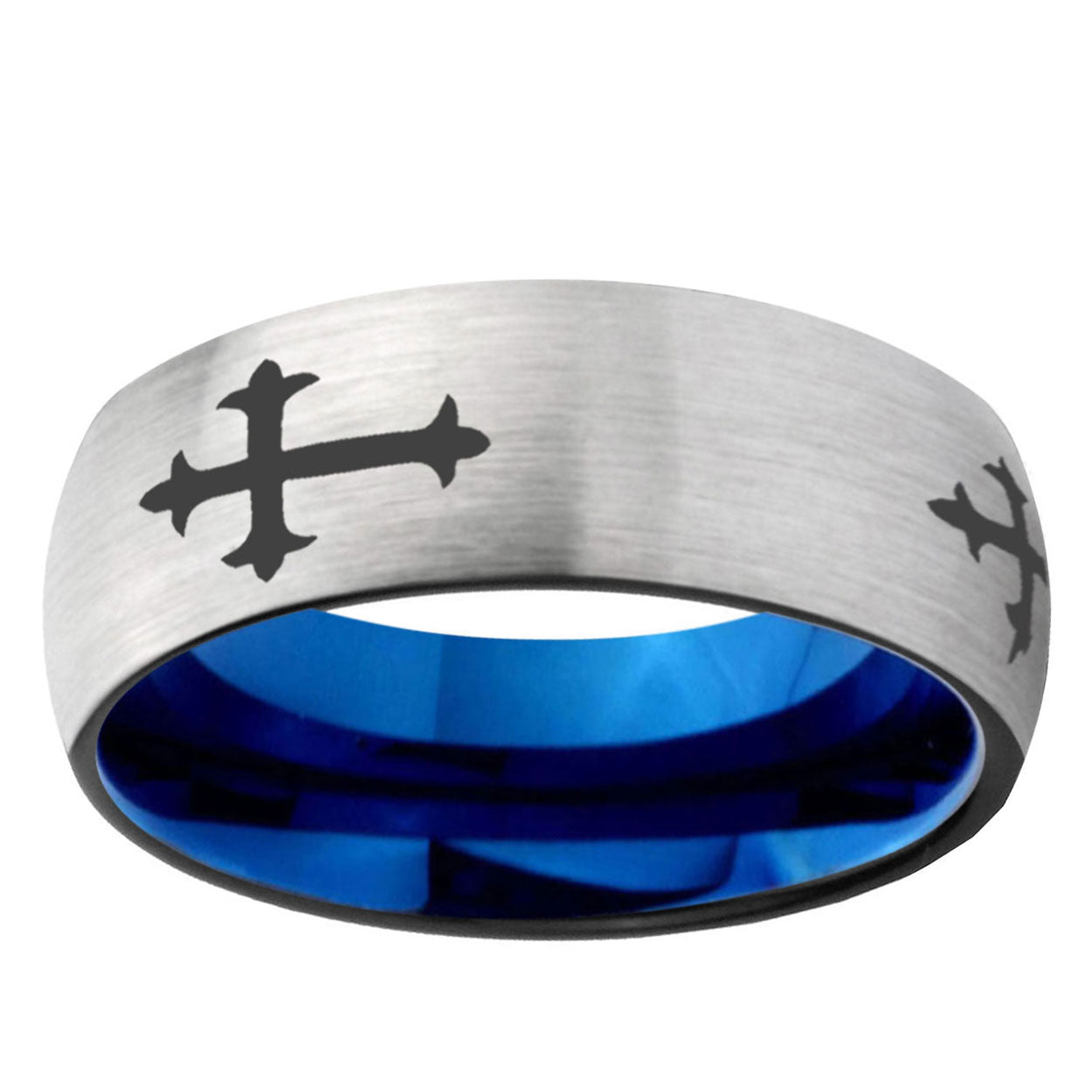 6MM Christian Cross Religious Dome Gray And Blue Tungsten Carbide Engagement Ring