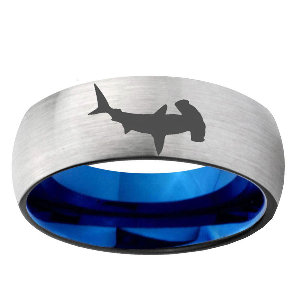 6MM Hammerhead Shark Dome Gray And Blue Tungsten Carbide Men's Ring
