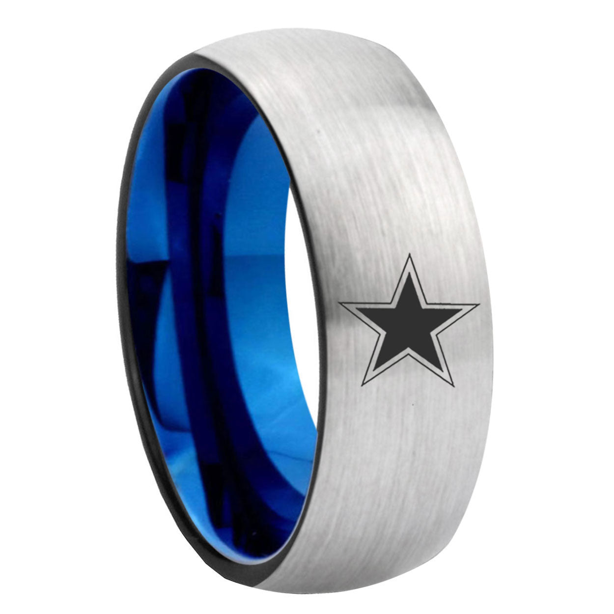 8MM Cowboys Star Dome Blue Gray Tungsten Wedding Rings