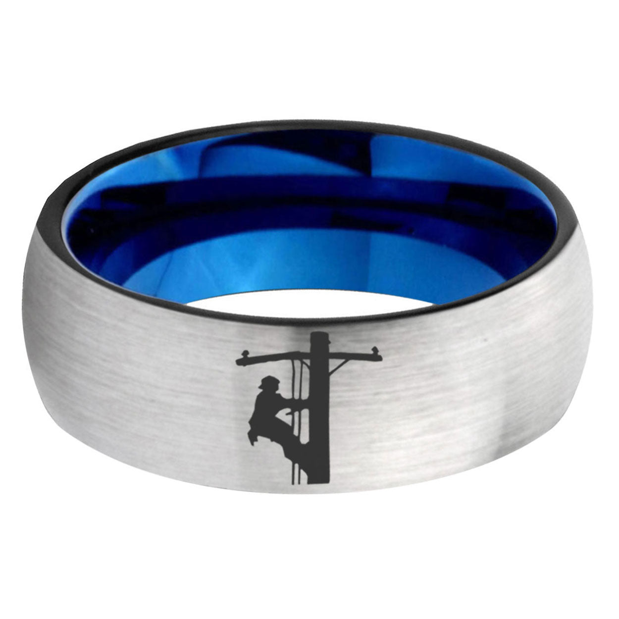 6, 8mm Lineman Symbol Dome Blue Silver Manly Rings