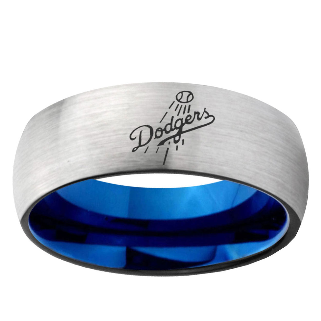 6MM LA Dogers MLB Baseball Dome Gray And Blue Tungsten Carbide Mens Ring Engraved