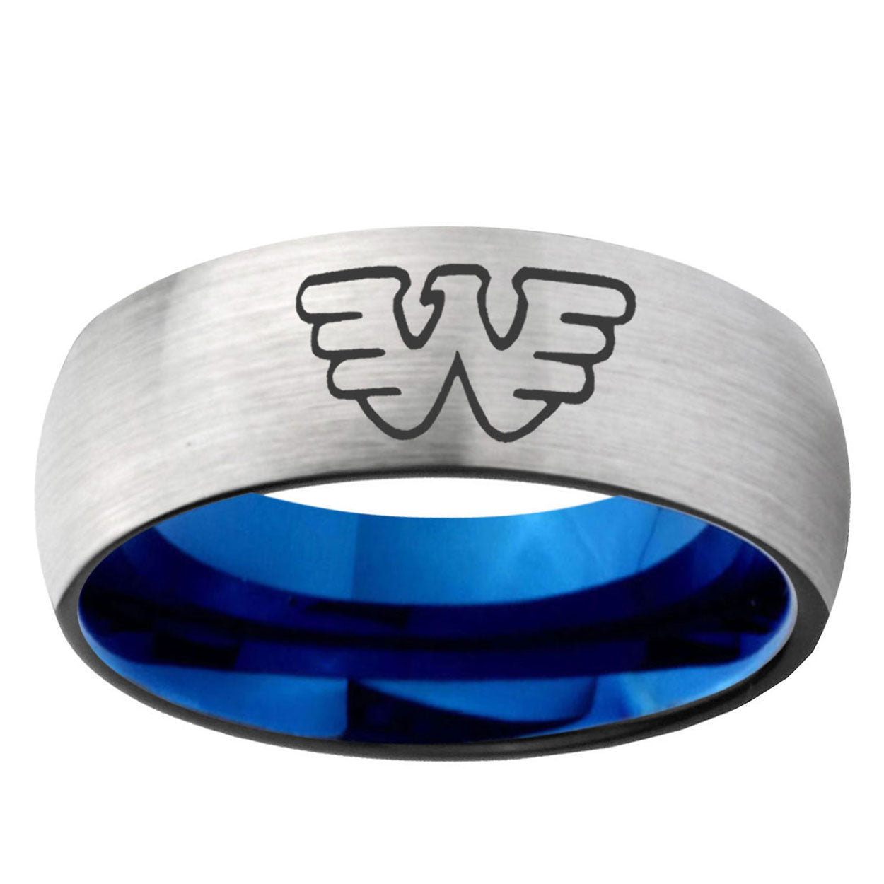 6, 8mm Waylon Jennings Dome Tungsten Carbide Silver Blue Wedding Band Mens