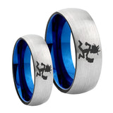 His Hers Hatchet Man Dome Tungsten Carbide Gray Blue Wedding Ring Set