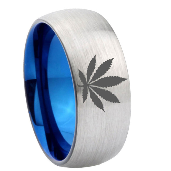 8mm-Marijuana-Leaf-Dome-Tungsten-Carbide-Silver-Blue-Wedding-Band-Mens