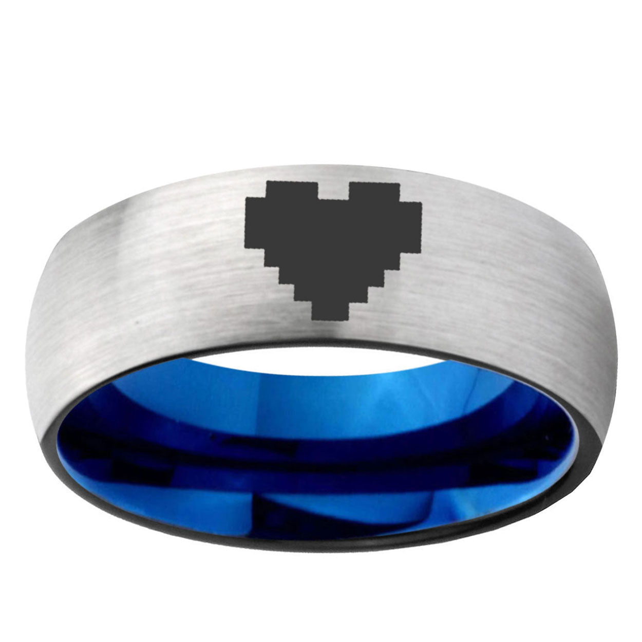 6MM Classic Dome Zelda Heart Shiny Gray And Blue Tungsten Laser Engraved Ring