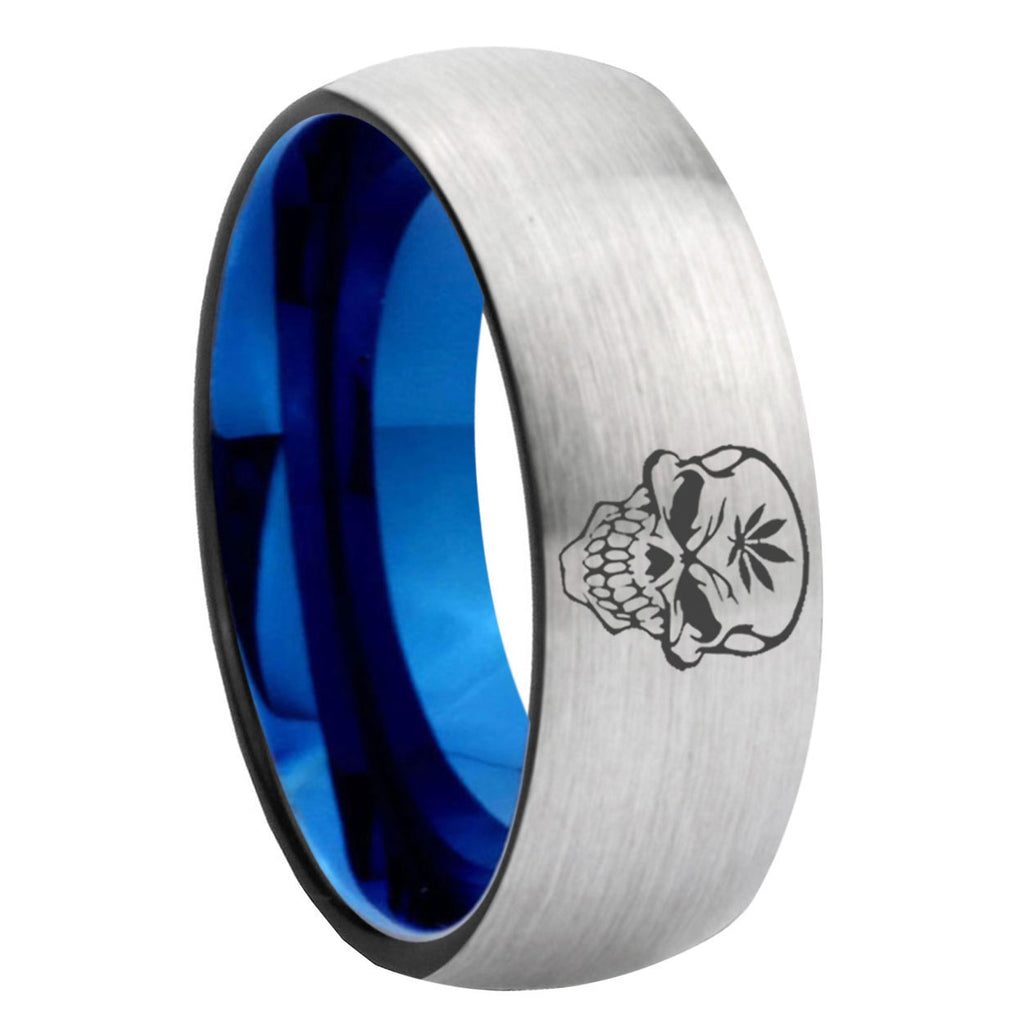 8MM Skull Marijuana Leaf Dome Blue Gray Tungsten Promise Ring