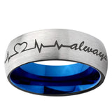 6, 8mm Heart Beat forever Heart always Dome Tungsten Carbide Silver Blue Wedding Band Mens