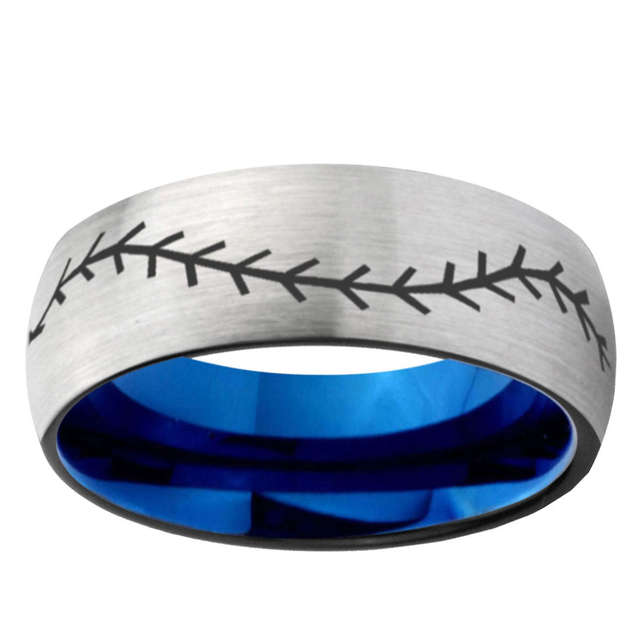 6, 8mm Baseball Dome Tungsten Carbide Silver Blue Wedding Band Mens