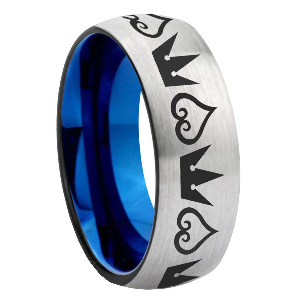 8MM Hearts and Crowns Dome Blue Gray Tungsten Band For Men