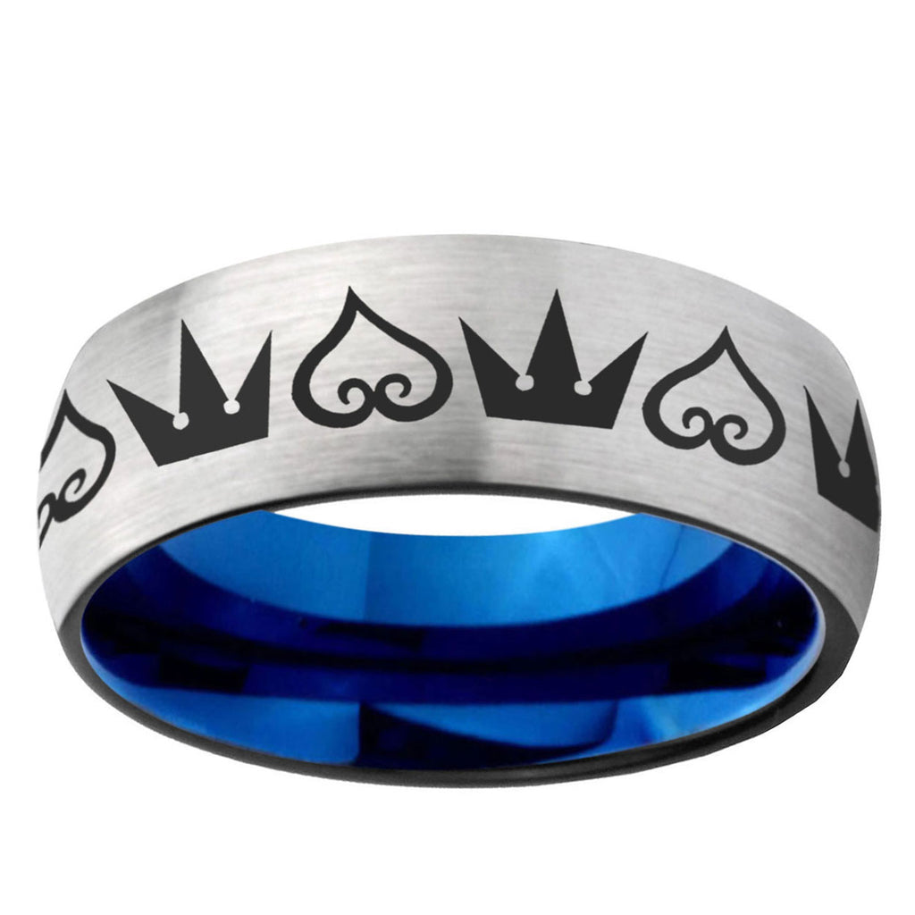 6MM Hearts and Crowns Dome Gray And Blue Tungsten Carbide Mens Ring Personalized